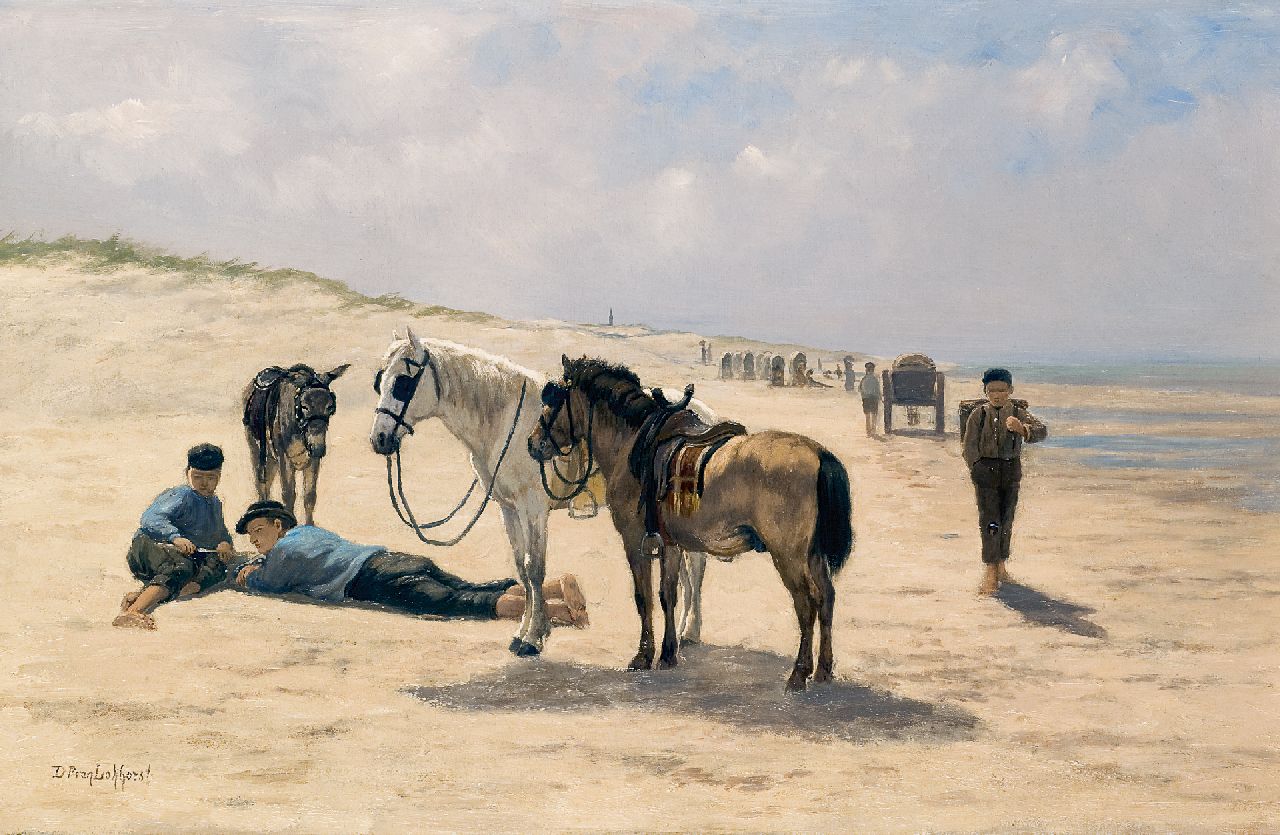 Lokhorst D.P. van | Dirk Peter van Lokhorst, Uitrusten op het strand, Katwijk, olieverf op doek 44,0 x 67,2 cm, gesigneerd linksonder Lokhorst D.P. van | Dirk Peter van Lokhorst, Uitrusten op het strand, Katwijk, olieverf op doek 44,0 x 67,2 cm, gesigneerd linksonder