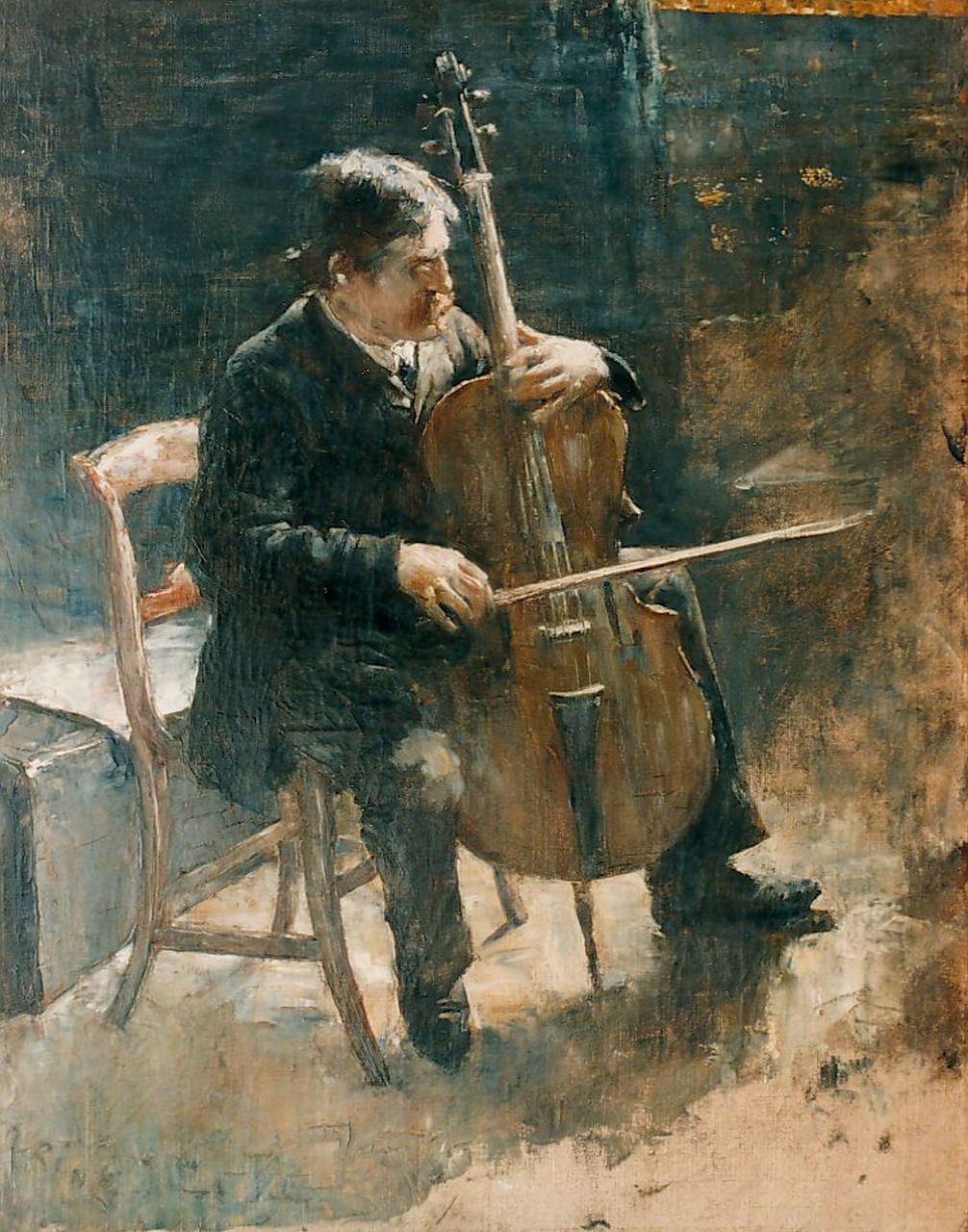 Rink P.Ph. | Paulus Philippus 'Paul' Rink, De cellist, olieverf op doek 50,5 x 40,2 cm, gesigneerd linksonder Rink P.Ph. | Paulus Philippus 'Paul' Rink, De cellist, olieverf op doek 50,5 x 40,2 cm, gesigneerd linksonder