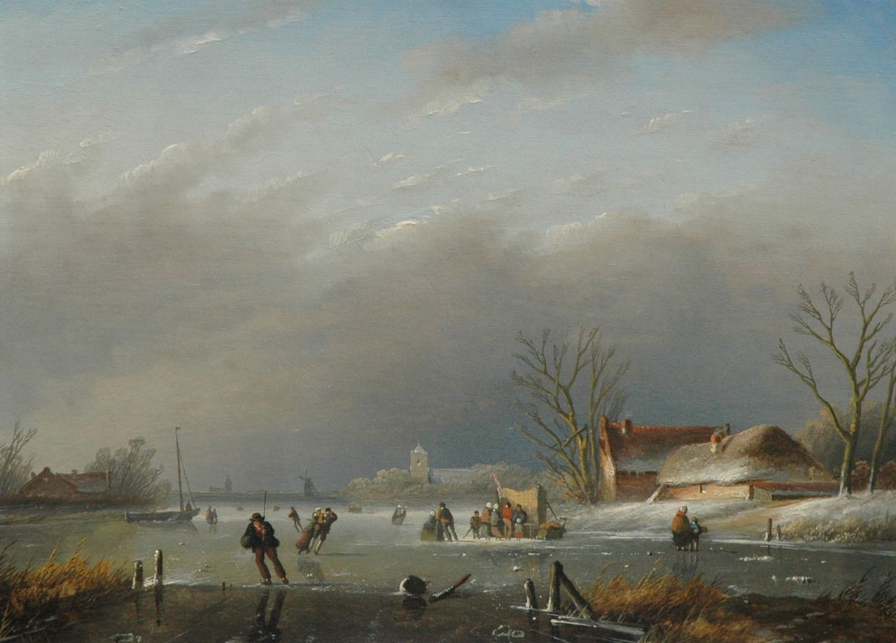 Spohler J.J. | Jan Jacob Spohler, Een middag op het ijs, olieverf op paneel 24,0 x 32,6 cm, gesigneerd linksonder Spohler J.J. | Jan Jacob Spohler, Een middag op het ijs, olieverf op paneel 24,0 x 32,6 cm, gesigneerd linksonder