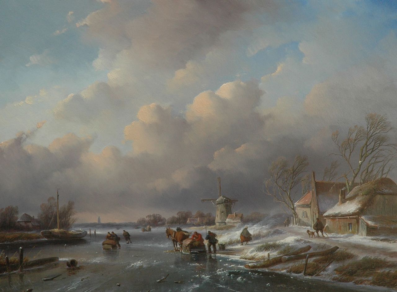Spohler J.J. | Jan Jacob Spohler, Figuren met sledes op het ijs, olieverf op paneel 48,2 x 64,2 cm, gesigneerd linksonder Spohler J.J. | Jan Jacob Spohler, Figuren met sledes op het ijs, olieverf op paneel 48,2 x 64,2 cm, gesigneerd linksonder