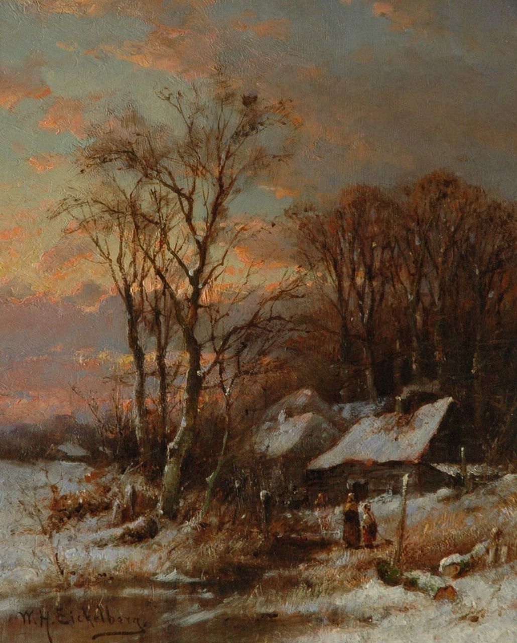 Eickelberg W.H. | Willem Hendrik Eickelberg, Een winterse zonsondergang, olieverf op paneel 26,1 x 20,8 cm, gesigneerd linksonder Eickelberg W.H. | Willem Hendrik Eickelberg, Een winterse zonsondergang, olieverf op paneel 26,1 x 20,8 cm, gesigneerd linksonder
