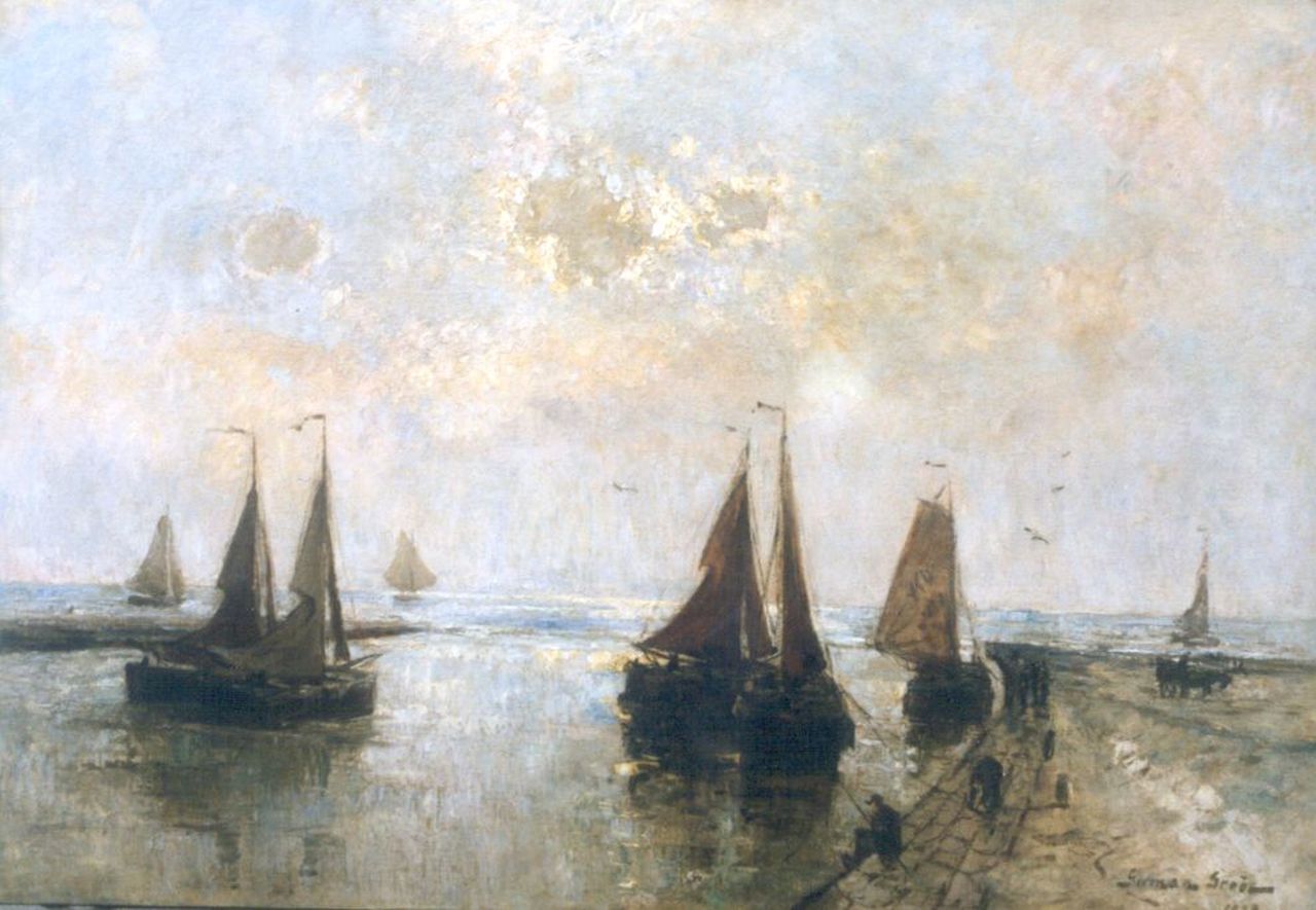 Grobe P.G. | Philipp 'German' Grobe, Katwijkse bomschuiten voor de kade, olieverf op paneel 87,2 x 125,0 cm, gesigneerd rechtsonder en gedateerd 1908 Grobe P.G. | Philipp 'German' Grobe, Katwijkse bomschuiten voor de kade, olieverf op paneel 87,2 x 125,0 cm, gesigneerd rechtsonder en gedateerd 1908