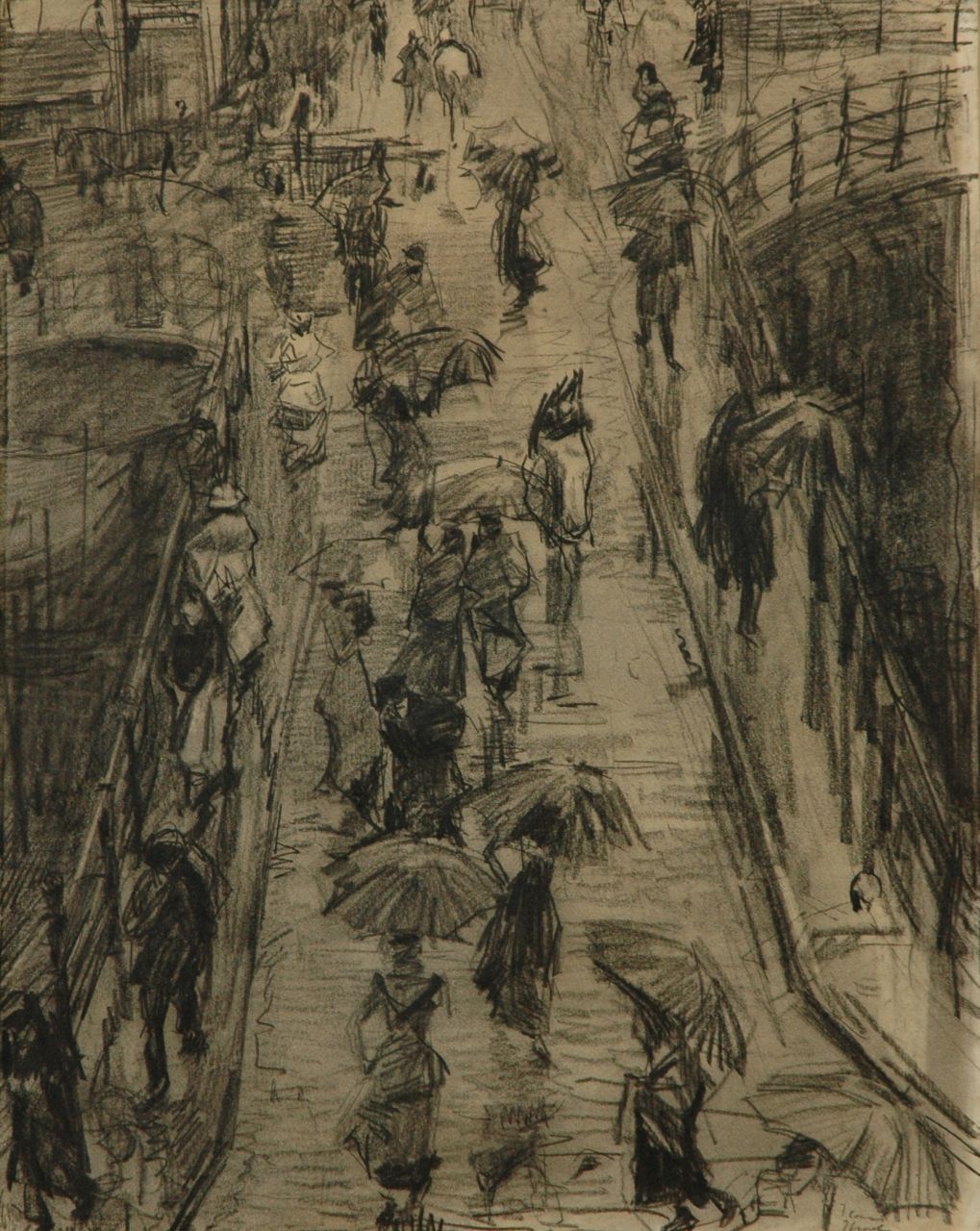 Israels I.L.  | 'Isaac' Lazarus Israels, Stadsgezicht bij regen: de Leliegracht in Amsterdam, houtskool en krijt op papier 62,0 x 47,5 cm, gesigneerd rechtsonder en verso en te dateren ca. 1890-1894