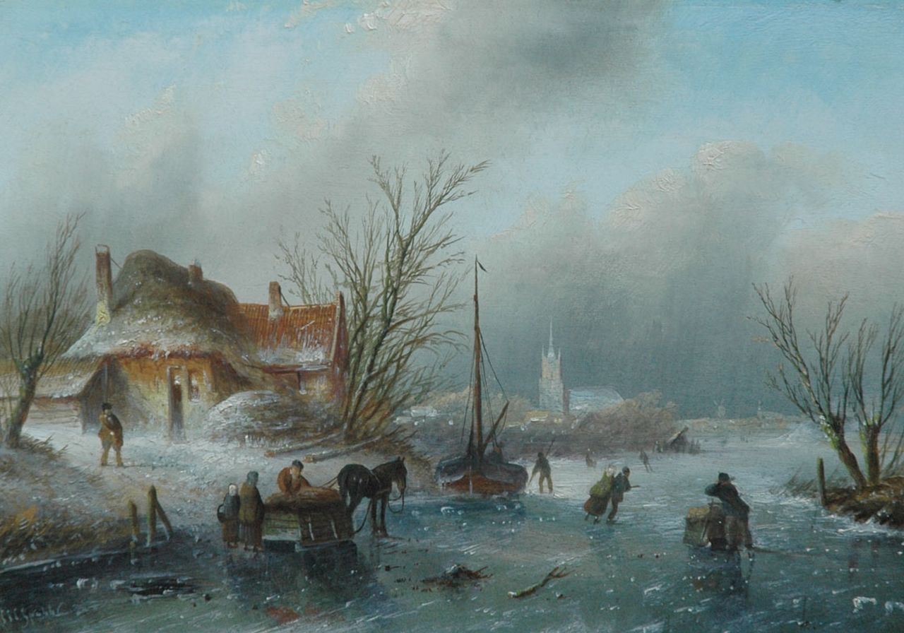 Spohler J.J.C. | Jacob Jan Coenraad Spohler, Winterlandschap met schaatsers en sledes bij een ingevroren schuit, olieverf op paneel 20,5 x 29,0 cm, gesigneerd linksonder Spohler J.J.C. | Jacob Jan Coenraad Spohler, Winterlandschap met schaatsers en sledes bij een ingevroren schuit, olieverf op paneel 20,5 x 29,0 cm, gesigneerd linksonder