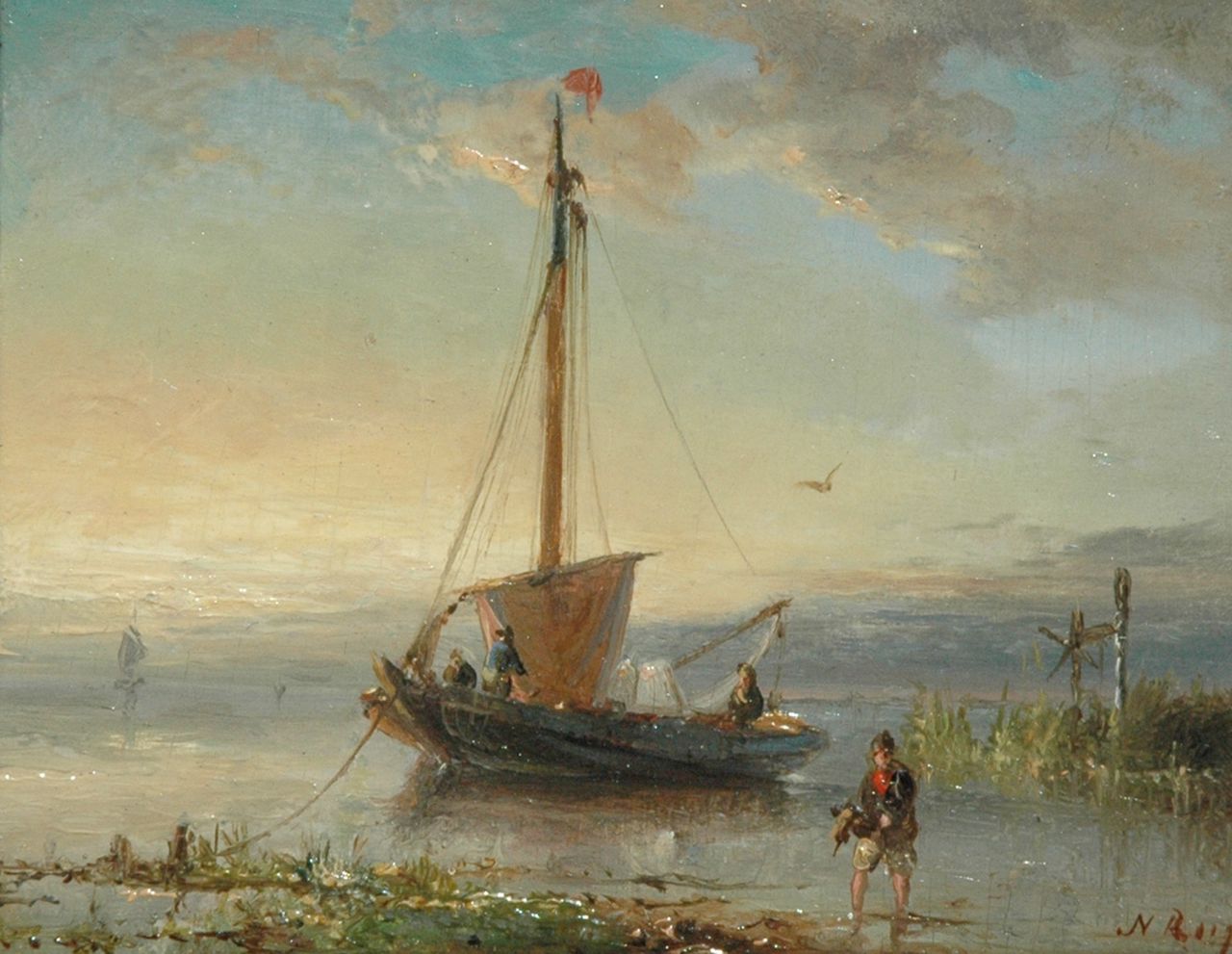 Riegen N.  | Nicolaas Riegen, Vissersboot aan de waterkant, olieverf op paneel 8,5 x 10,9 cm, gesigneerd rechtsonder met initialen