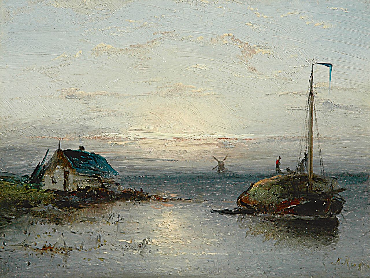 Riegen N.  | Nicolaas Riegen, Hooischuit op de plas bij avond, olieverf op paneel 15,4 x 21,1 cm, gesigneerd rechtsonder