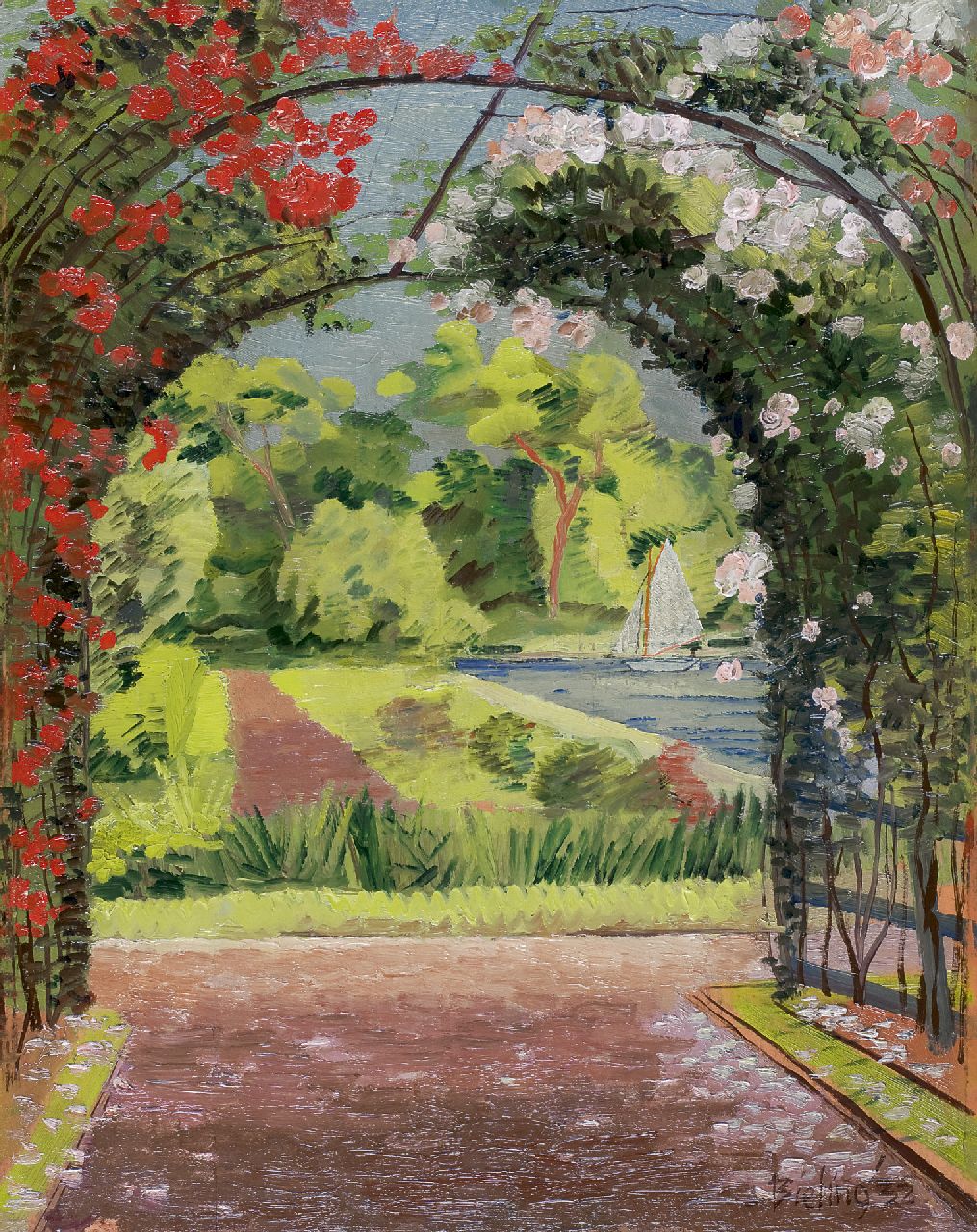 Bieling H.F.  | Hermann Friederich 'Herman' Bieling, Rozenprieel in Plaswijckpark aan het water, olieverf op paneel 39,3 x 30,7 cm, gesigneerd rechtsonder en gedateerd '32