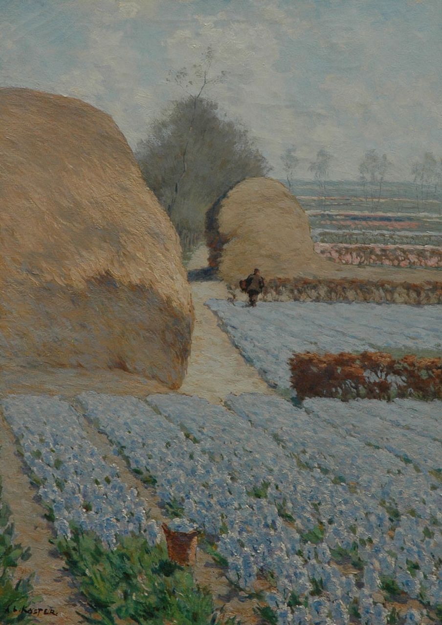 Koster A.L.  | Anton Louis 'Anton' Koster, Velden met lila hyacinten en rietschelven bij Heemstede, olieverf op doek 70,2 x 50,5 cm, gesigneerd linksonder