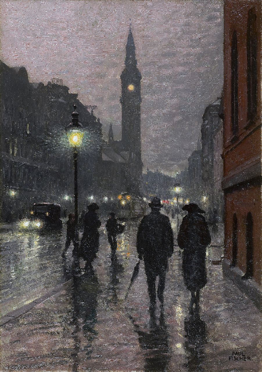 Fischer P.G. | Poul Gustav 'Paul' Fischer, De Vester Voldgade in Kopenhagen bij avond, olieverf op doek 55,5 x 39,8 cm, gesigneerd rechtsonder Fischer P.G. | Poul Gustav 'Paul' Fischer, De Vester Voldgade in Kopenhagen bij avond, olieverf op doek 55,5 x 39,8 cm, gesigneerd rechtsonder