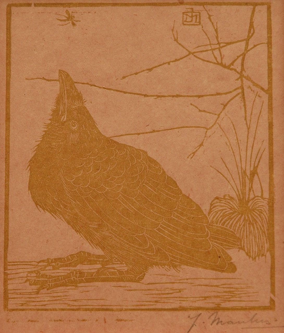 Mankes J.  | Jan Mankes, Kraai, omhoog kijkend naar mugje, houtsnede op gekleurd Japans papier 11,8 x 10,2 cm, gesigneerd met mon. in het blok en rechtsonder voluit (in potlood) en te dateren 1918