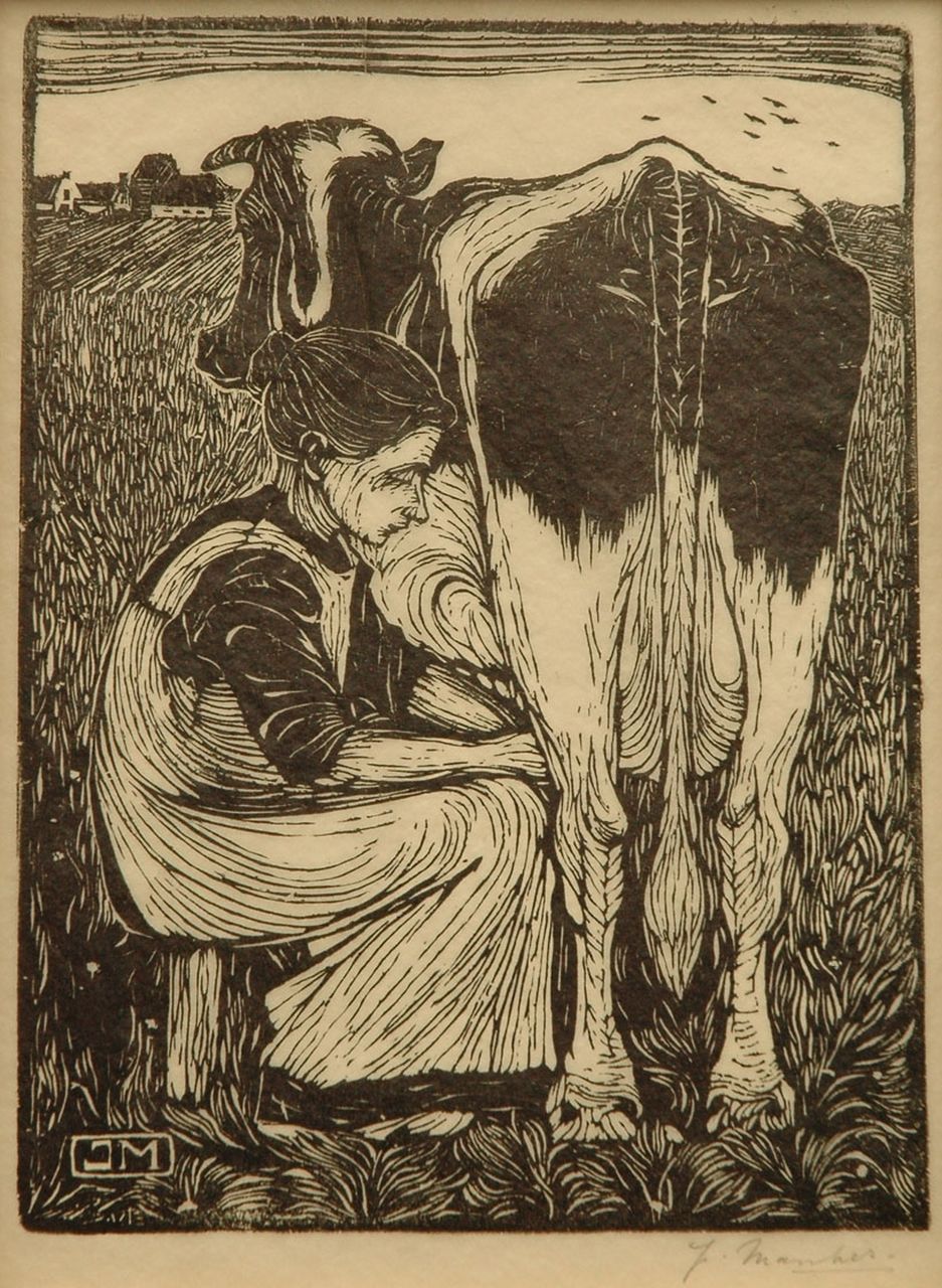 Mankes J. | Jan Mankes, Koemelkster, houtsnede op Chinees papier 19,2 x 14,5 cm, gesigneerd met mon. in het blok en rechtsonder voluit (in potlood) en te dateren 1914 Mankes J. | Jan Mankes, Koemelkster, houtsnede op Chinees papier 19,2 x 14,5 cm, gesigneerd met mon. in het blok en rechtsonder voluit (in potlood) en te dateren 1914