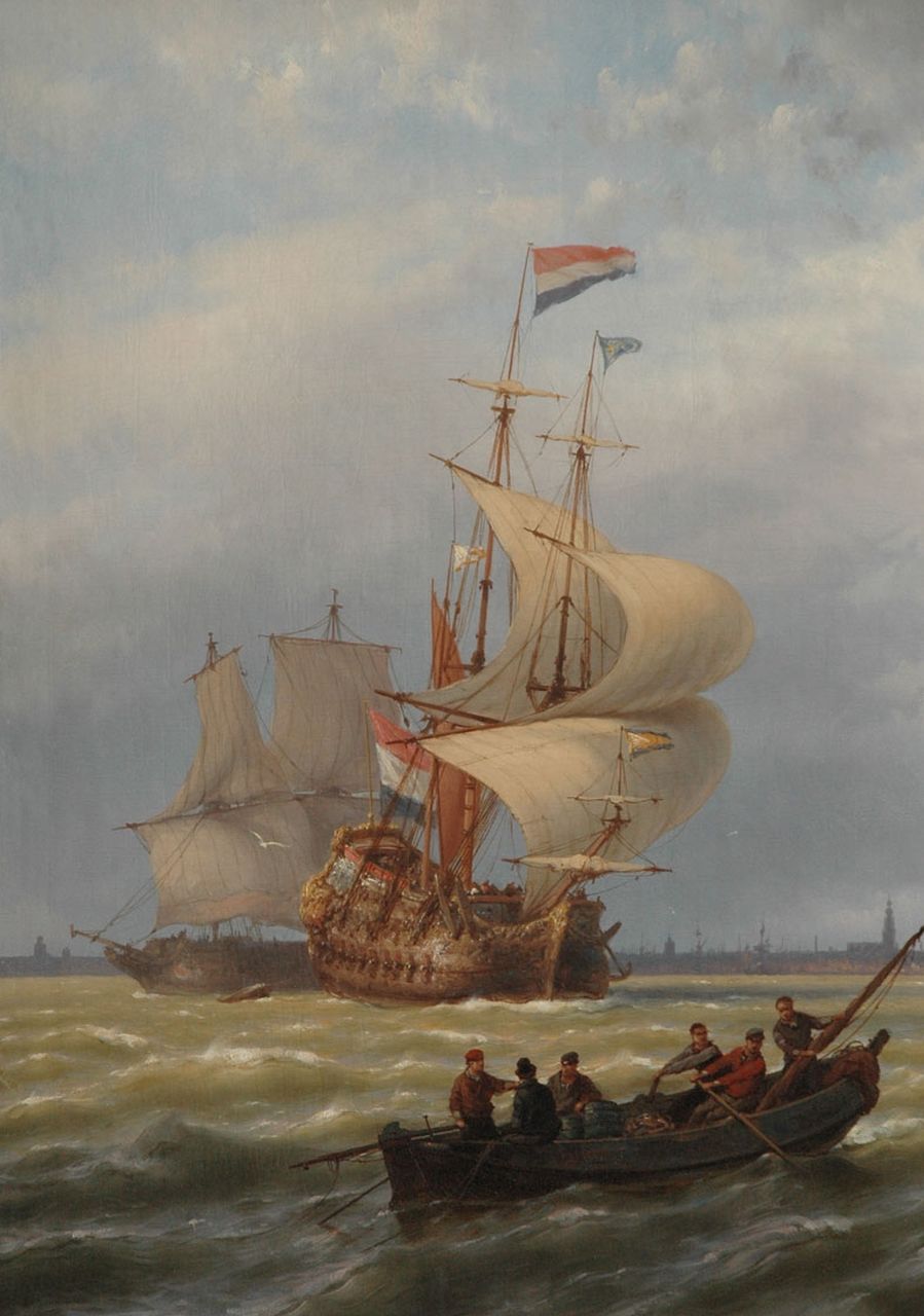 Koekkoek J.H.B. | Johannes Hermanus Barend 'Jan H.B.' Koekkoek, Een 17e-eeuws oorlogsschip onder zeil op het IJ voor Amsterdam, olieverf op doek 78,5 x 55,8 cm Koekkoek J.H.B. | Johannes Hermanus Barend 'Jan H.B.' Koekkoek, Een 17e-eeuws oorlogsschip onder zeil op het IJ voor Amsterdam, olieverf op doek 78,5 x 55,8 cm