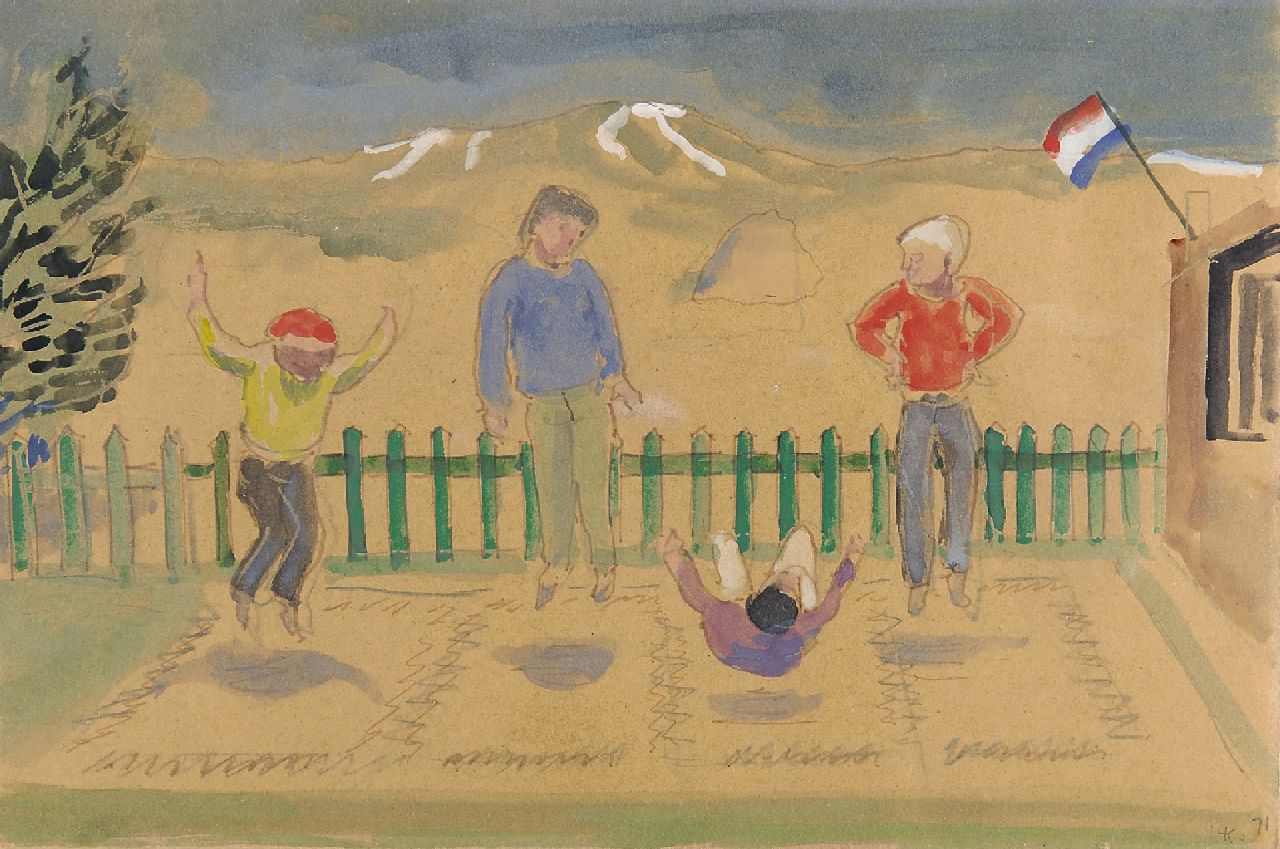 Kamerlingh Onnes H.H. | 'Harm' Henrick Kamerlingh Onnes, Trampolinespringers op Terschelling, pen, inkt en aquarel op papier 19,4 x 29,7 cm, gesigneerd rechtsonder met monogram en gedateerd '71 Kamerlingh Onnes H.H. | 'Harm' Henrick Kamerlingh Onnes, Trampolinespringers op Terschelling, pen, inkt en aquarel op papier 19,4 x 29,7 cm, gesigneerd rechtsonder met monogram en gedateerd '71