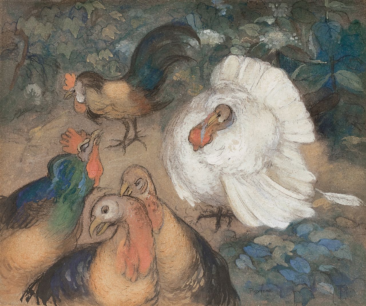 Hoytema Th. van | Theodorus 'Theo' van Hoytema | Aquarellen en tekeningen te koop aangeboden | Pluimvee, krijt en aquarel op board 49,6 x 59,6 cm, gesigneerd rechtsonder met monogram en voluit