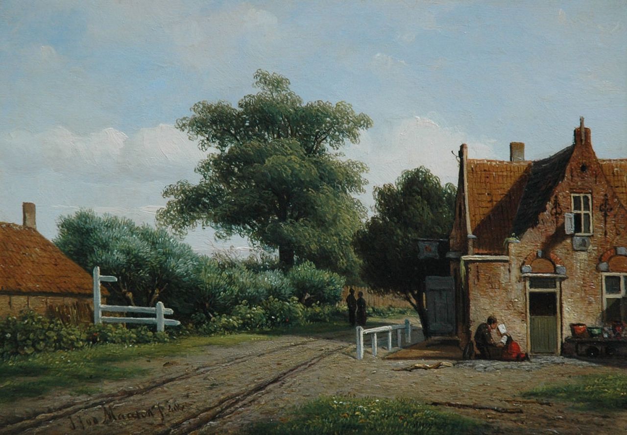 Maaten J.J. van der | Jacob Jan van der Maaten, Figuren bij een huis langs een zandpad, olieverf op paneel 17,0 x 25,0 cm, gesigneerd linksonder en gedateerd '48 Maaten J.J. van der | Jacob Jan van der Maaten, Figuren bij een huis langs een zandpad, olieverf op paneel 17,0 x 25,0 cm, gesigneerd linksonder en gedateerd '48