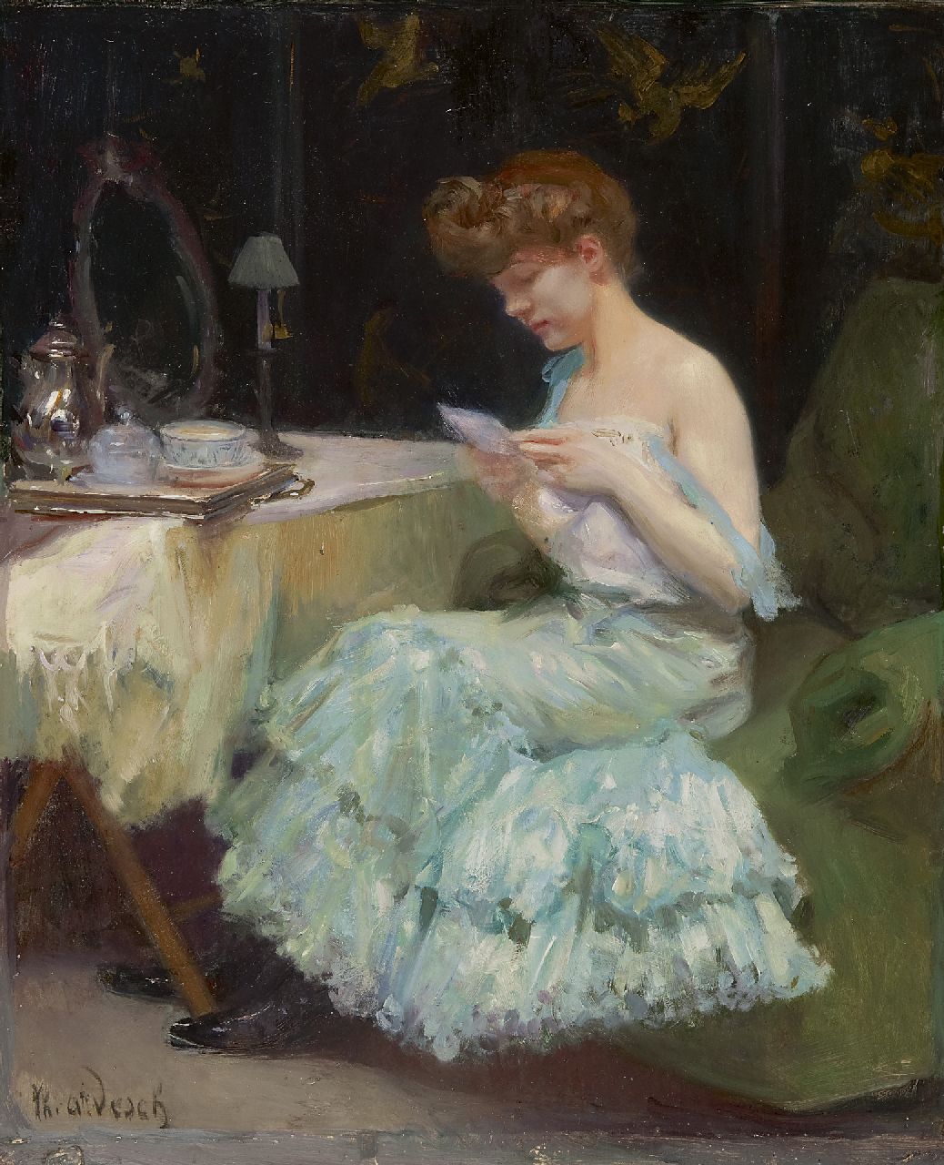 Desch A.T. | Auguste Théodore Desch, De brief, olieverf op paneel 56,0 x 45,9 cm, gesigneerd linksonder en verso op etiket en te dateren ca. 1906 Desch A.T. | Auguste Théodore Desch, De brief, olieverf op paneel 56,0 x 45,9 cm, gesigneerd linksonder en verso op etiket en te dateren ca. 1906