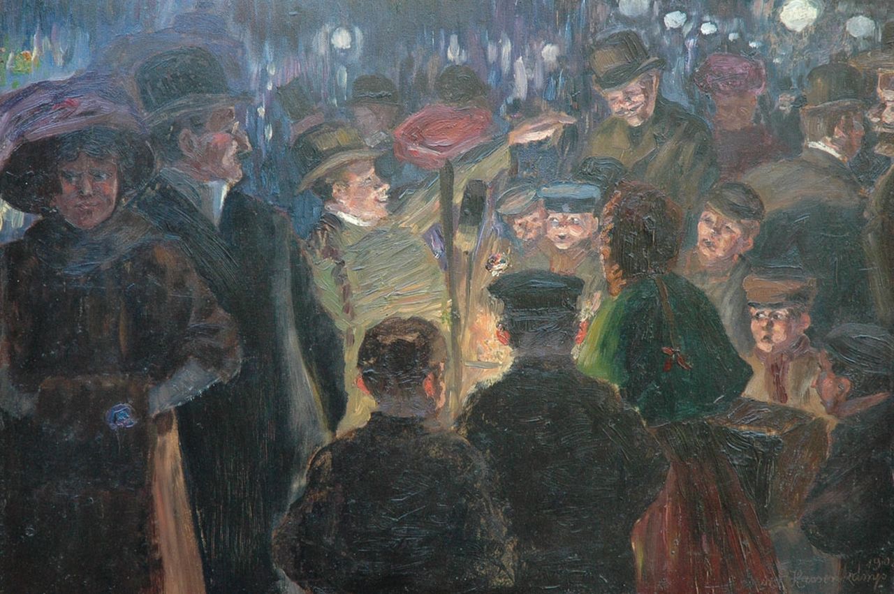Hassenkamp K. | Kurt Hassenkamp, Straatartiest in avondlijk Berlijn, olieverf op karton 43,6 x 61,4 cm, gesigneerd rechtsonder en gedateerd 1908 Hassenkamp K. | Kurt Hassenkamp, Straatartiest in avondlijk Berlijn, olieverf op karton 43,6 x 61,4 cm, gesigneerd rechtsonder en gedateerd 1908