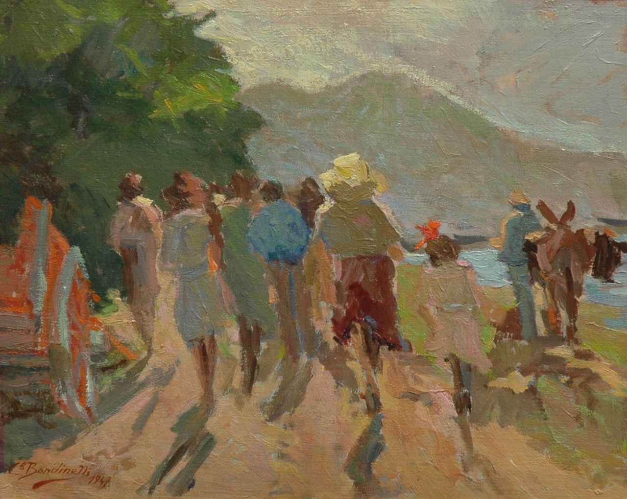 Bandinelli A.  | Aldo Bandinelli, Uitstapje op het platteland, olieverf op doek op board 25,5 x 31,5 cm, gesigneerd linksonder en verso met monogram en gedateerd 1947