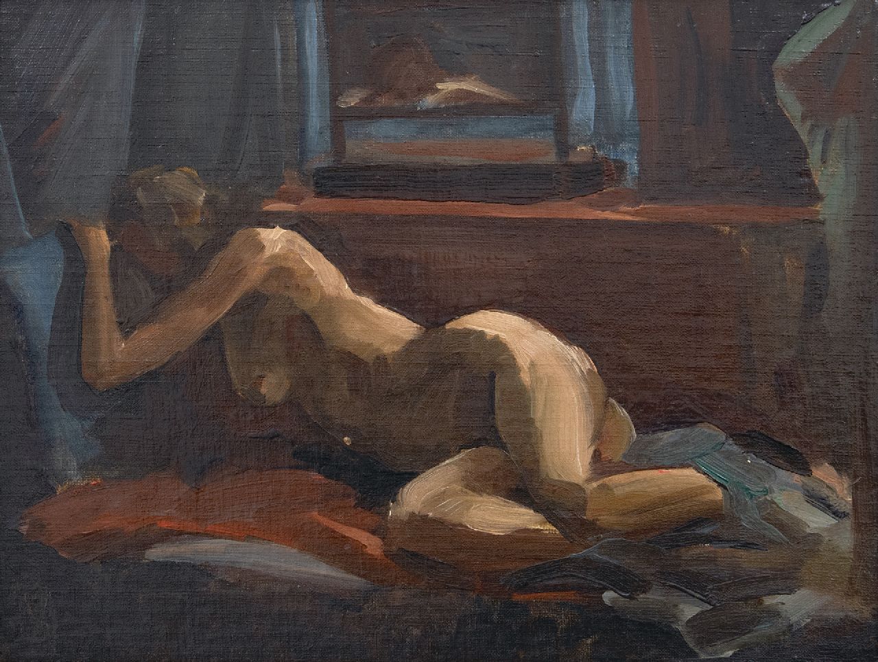 Maze P.L.  | 'Paul' Lucien Maze | Schilderijen te koop aangeboden | Liggend naakt en voyeur, olieverf op doek op board 27,0 x 34,8 cm