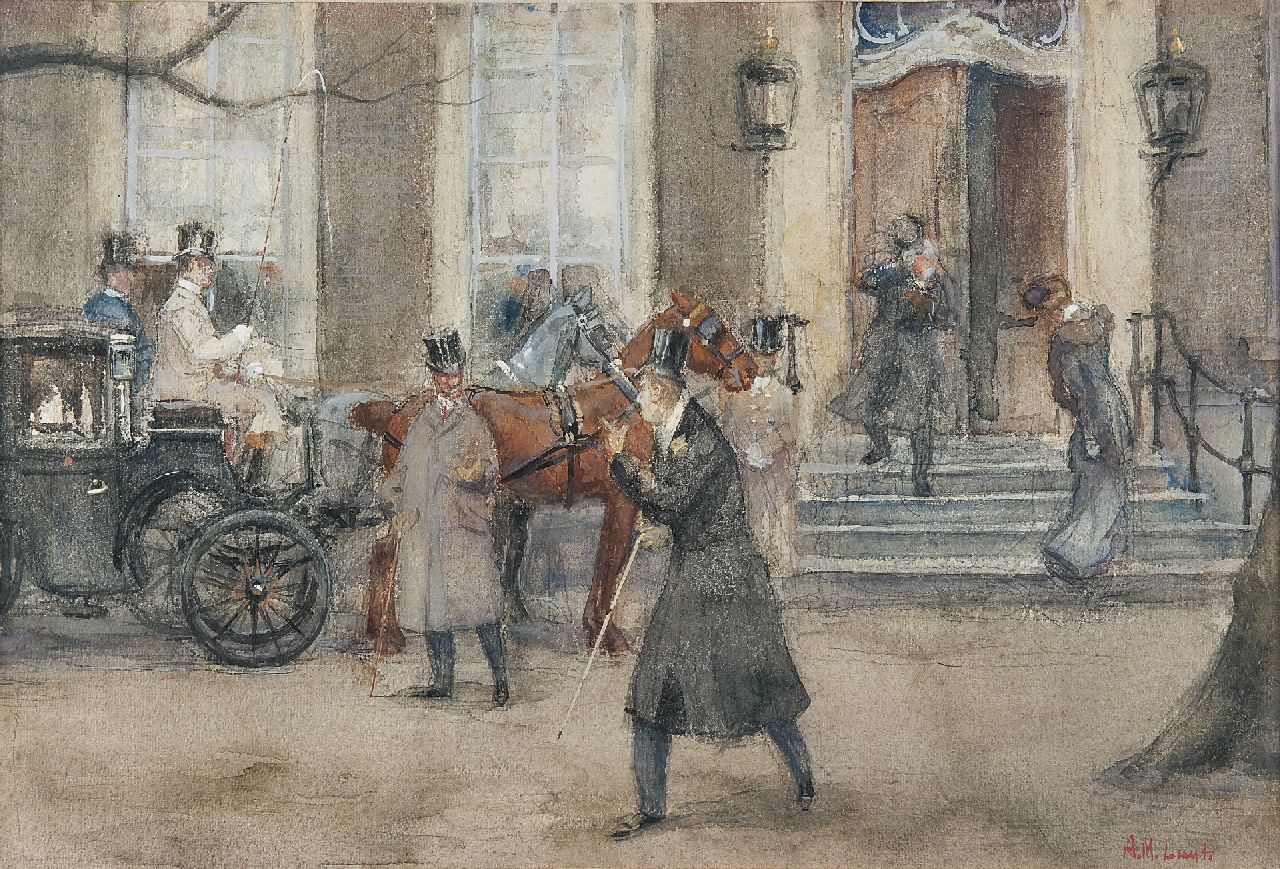 Luijt A.M.  | Arie Martinus 'Thies' Luijt, Bedrijvigheid voor Lange Voorhout 32, Den Haag, potlood en aquarel op papier 33,6 x 50,0 cm, gesigneerd rechtsonder