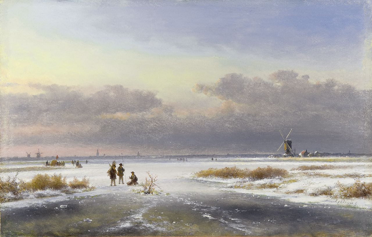 Kleijn L.J. | Lodewijk Johannes Kleijn, Weids ijsgezicht met figuren en molens, olieverf op paneel 33,5 x 52,0 cm, gesigneerd rechtsonder Kleijn L.J. | Lodewijk Johannes Kleijn, Weids ijsgezicht met figuren en molens, olieverf op paneel 33,5 x 52,0 cm, gesigneerd rechtsonder