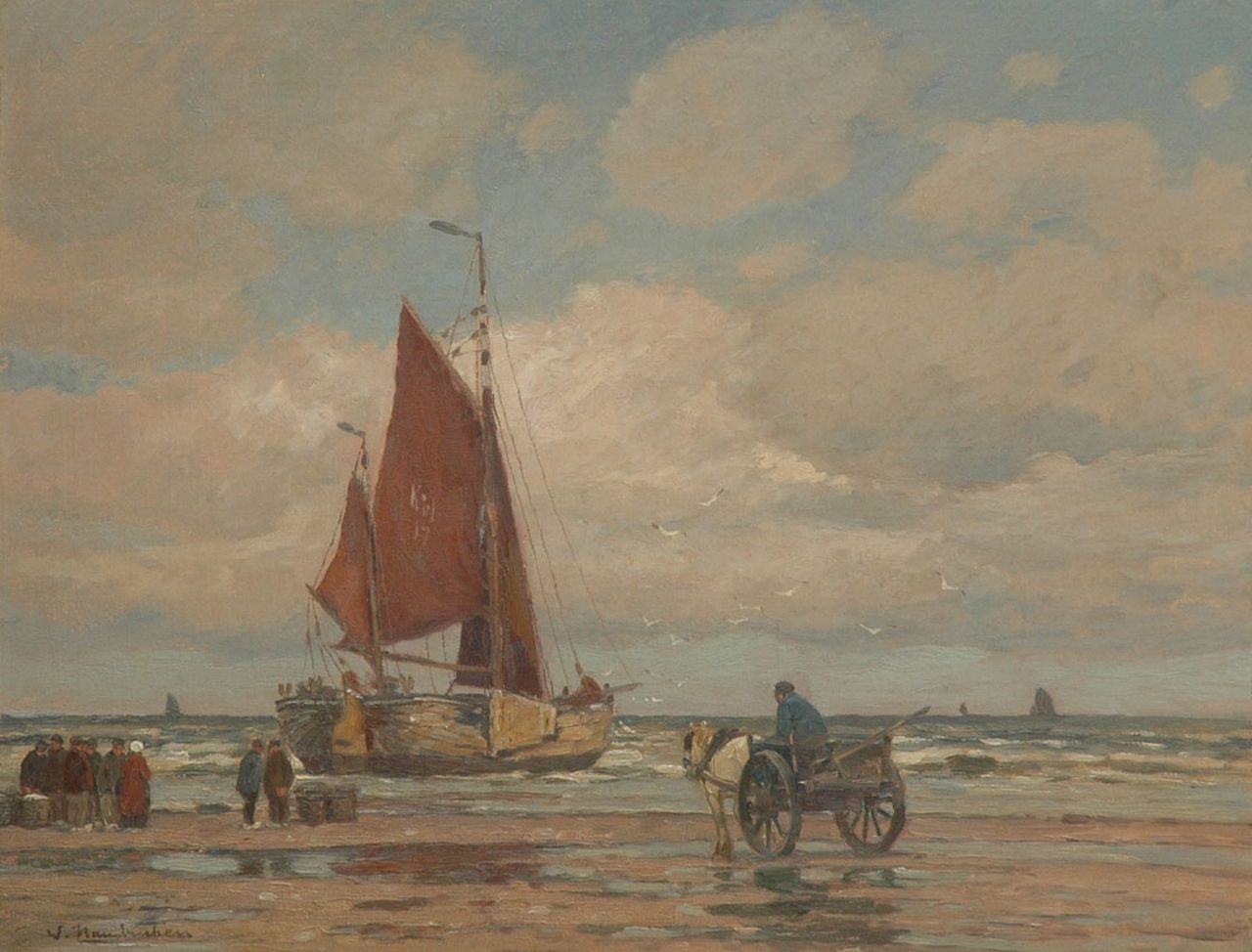 Hambüchen W. | Wilhelm Hambüchen, Afgemeerde bomschuit op het strand van Katwijk, olieverf op doek 62,5 x 81,5 cm, gesigneerd linksonder Hambüchen W. | Wilhelm Hambüchen, Afgemeerde bomschuit op het strand van Katwijk, olieverf op doek 62,5 x 81,5 cm, gesigneerd linksonder