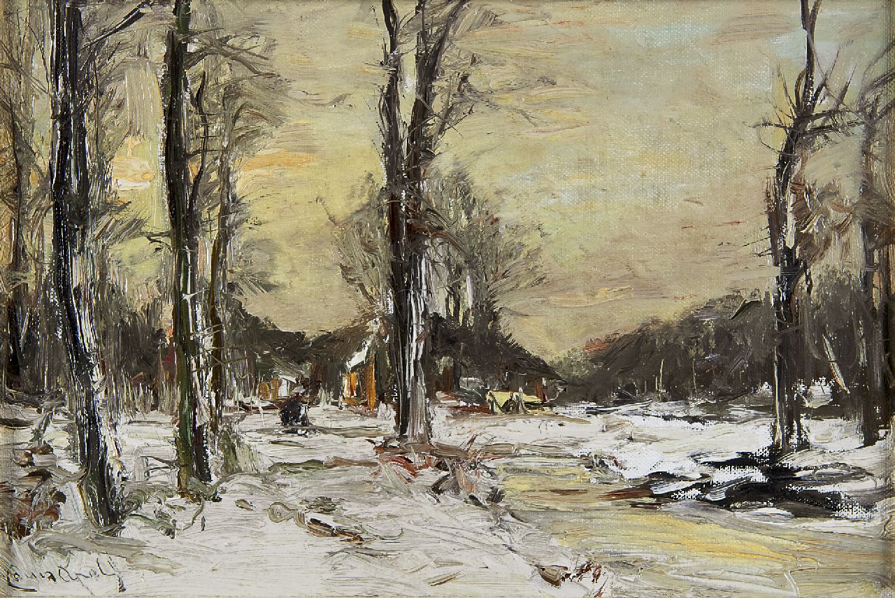 Apol L.F.H. | Lodewijk Franciscus Hendrik 'Louis' Apol, Winterlandschap met boerderij, olieverf op doek op paneel 23,4 x 34,1 cm, gesigneerd linksonder Apol L.F.H. | Lodewijk Franciscus Hendrik 'Louis' Apol, Winterlandschap met boerderij, olieverf op doek op paneel 23,4 x 34,1 cm, gesigneerd linksonder