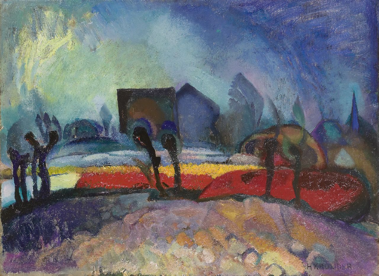 Kruyder H.J.  | 'Herman' Justus Kruyder, Bollenveldjes, olieverf op doek 41,9 x 56,3 cm, gesigneerd rechtsonder en te dateren ca. 1920