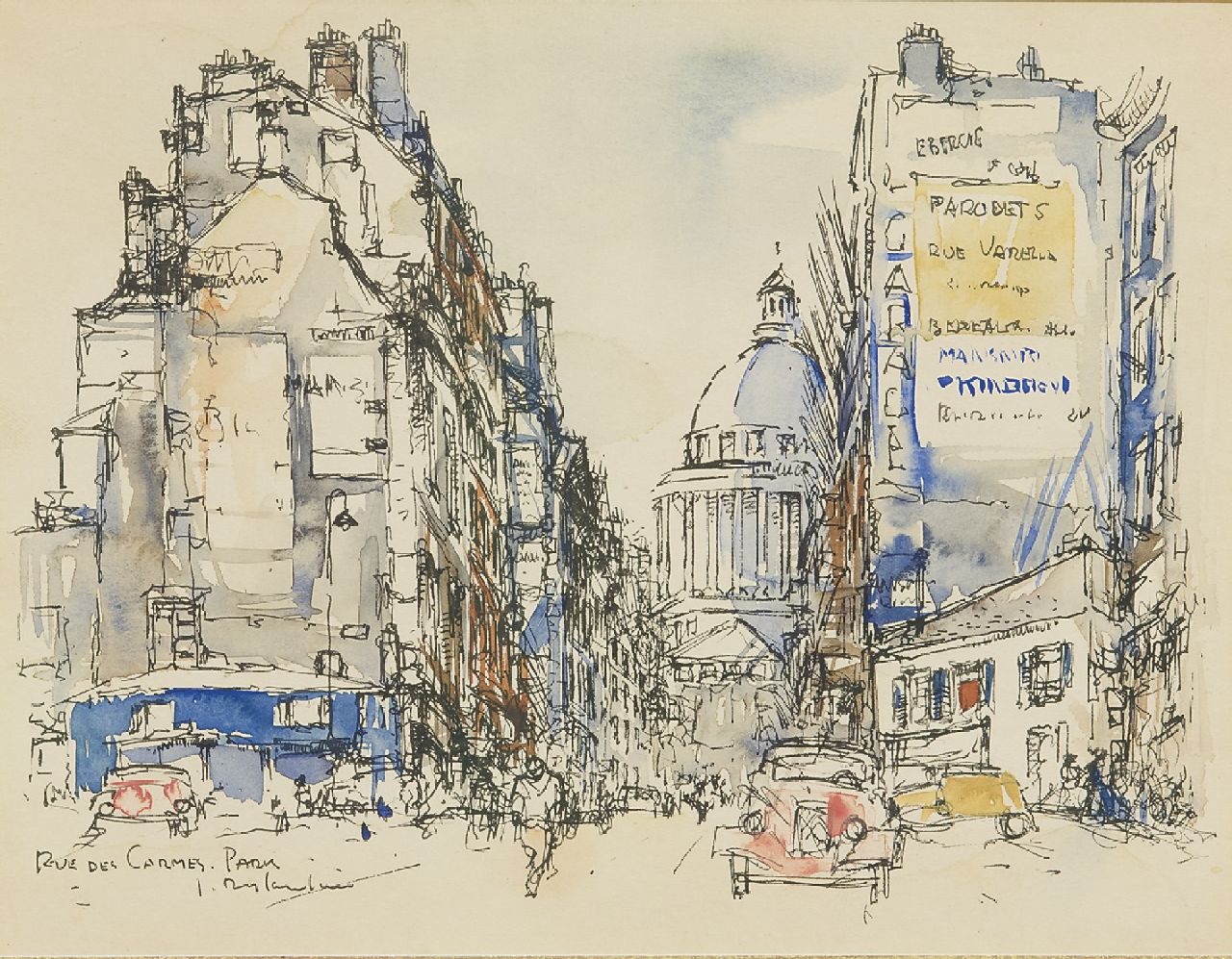 Rijlaarsdam J. | Jan Rijlaarsdam, De Rue des Carmes, Parijs, met een Citroën Traction Avant, pen, inkt en aquarel op papier 18,9 x 24,2 cm, gesigneerd linksonder en te dateren jaren '50 Rijlaarsdam J. | Jan Rijlaarsdam, De Rue des Carmes, Parijs, met een Citroën Traction Avant, pen, inkt en aquarel op papier 18,9 x 24,2 cm, gesigneerd linksonder en te dateren jaren '50