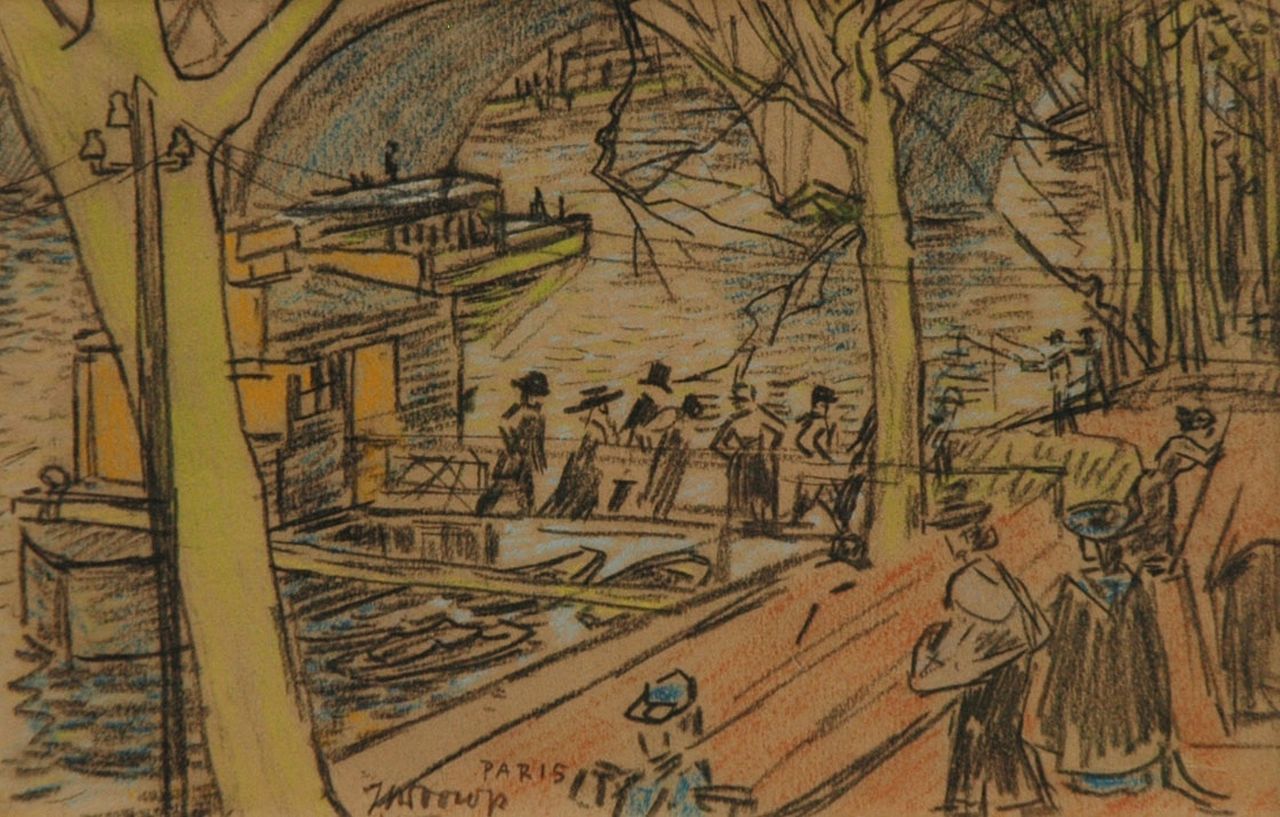 Toorop J.Th. | Johannes Theodorus 'Jan' Toorop, Langs de Seine, Parijs, potlood en gekleurd krijt op papier 15,2 x 23,4 cm, gesigneerd links van het midden. en te dateren ca. 1903 Toorop J.Th. | Johannes Theodorus 'Jan' Toorop, Langs de Seine, Parijs, potlood en gekleurd krijt op papier 15,2 x 23,4 cm, gesigneerd links van het midden. en te dateren ca. 1903