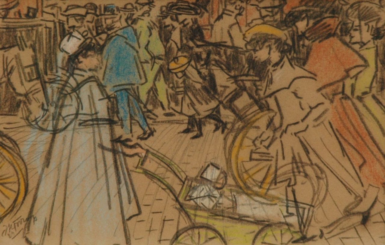 Toorop J.Th. | Johannes Theodorus 'Jan' Toorop, Wandelaars op een Parijse boulevard, potlood en gekleurd krijt op papier 15,1 x 23,2 cm, gesigneerd linksonder en te dateren ca. 1903 Toorop J.Th. | Johannes Theodorus 'Jan' Toorop, Wandelaars op een Parijse boulevard, potlood en gekleurd krijt op papier 15,1 x 23,2 cm, gesigneerd linksonder en te dateren ca. 1903