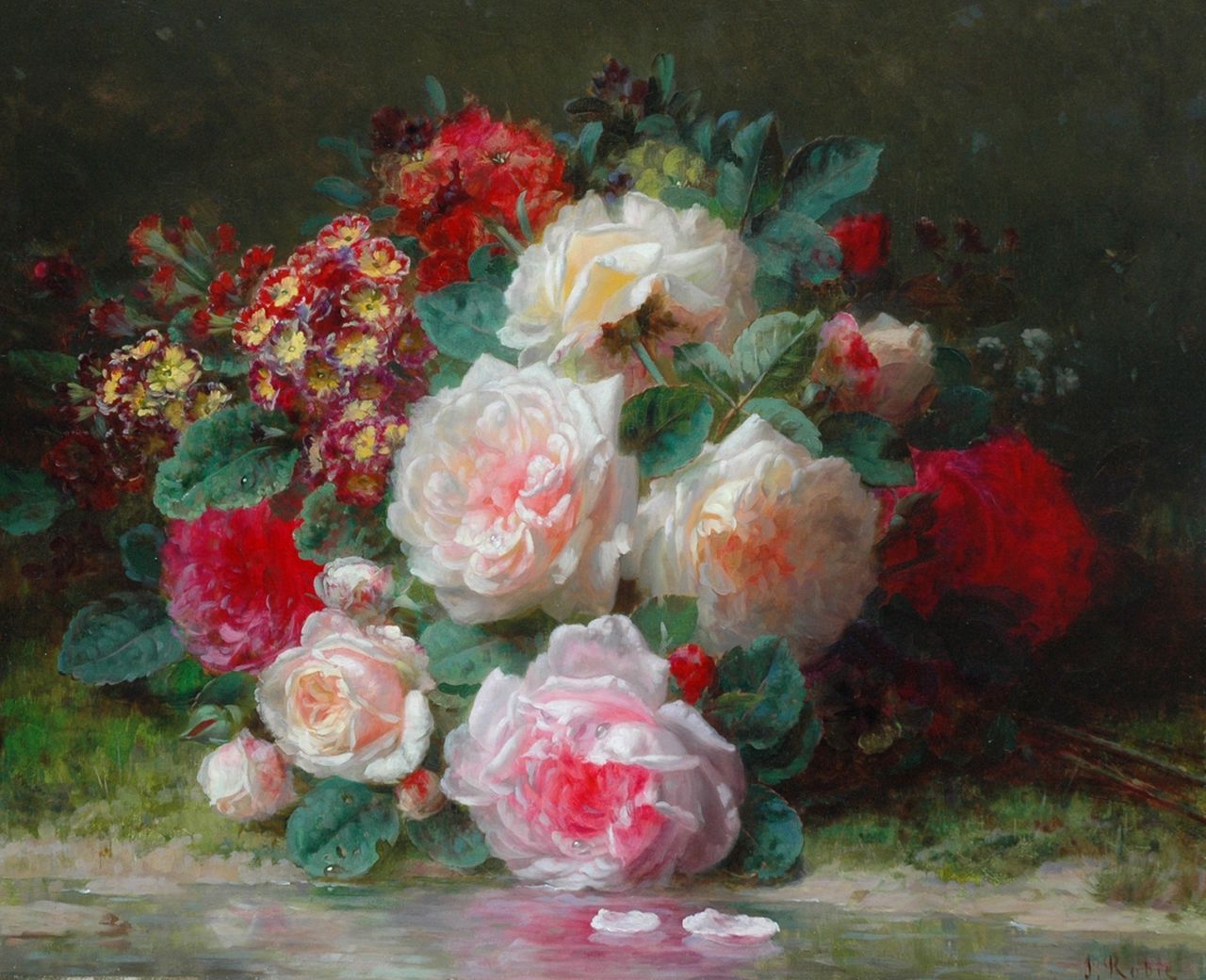 Robie J.B. | Jean-Baptiste Robie, Bloemstilleven met rozen en primula's, olieverf op paneel 39,8 x 48,1 cm, gesigneerd rechtsonder Robie J.B. | Jean-Baptiste Robie, Bloemstilleven met rozen en primula's, olieverf op paneel 39,8 x 48,1 cm, gesigneerd rechtsonder