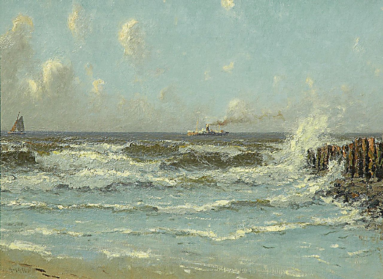 Henk Dekker | Schepen voor de Noordzeekust, olieverf op doek, 43,0 x 58,0 cm, gesigneerd l.o. Henk Dekker | Schepen voor de Noordzeekust, olieverf op doek, 43,0 x 58,0 cm, gesigneerd l.o.