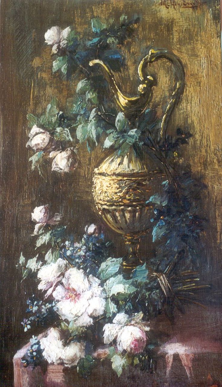 Hendrickx M.A.  | Michel Antoine Hendrickx, Stilleven met rozen en sierkan, olieverf op paneel 27,1 x 15,1 cm, gesigneerd rechtsboven