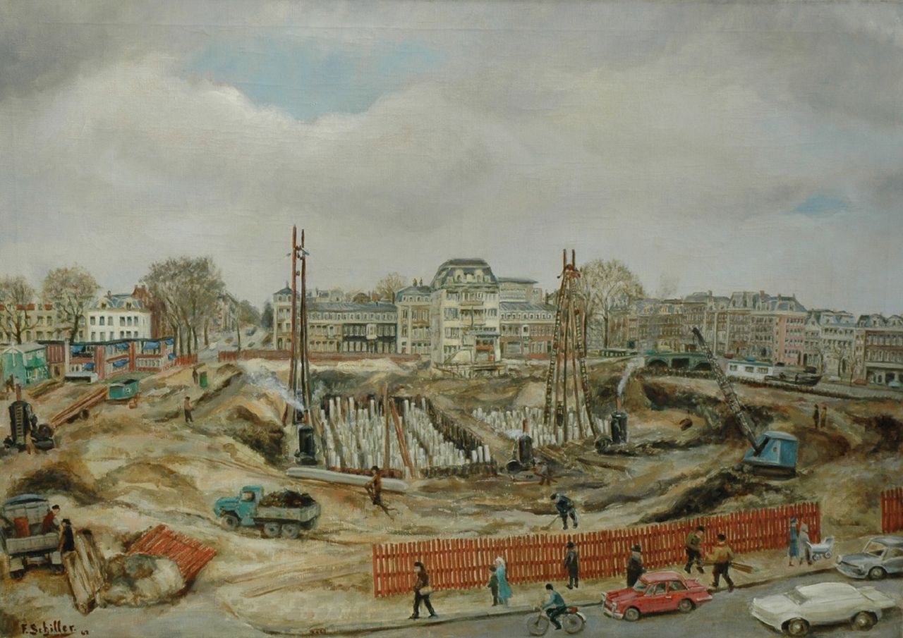 Schiller G.F.F. | George Friedrich Ferdinand 'Frits' Schiller, De bouwput van De Nederlandse Bank, Frederiksplein, Amsterdam, olieverf op doek 85,0 x 119,0 cm, gesigneerd linksonder en gedateerd '62 Schiller G.F.F. | George Friedrich Ferdinand 'Frits' Schiller, De bouwput van De Nederlandse Bank, Frederiksplein, Amsterdam, olieverf op doek 85,0 x 119,0 cm, gesigneerd linksonder en gedateerd '62