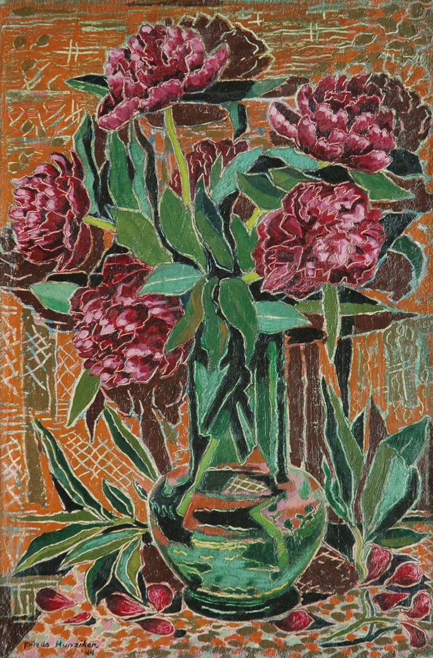 Hunziker F.  | Frieda Hunziker, Pioenrozen, olieverf op doek 60,2 x 40,4 cm, gesigneerd linksonder en gedateerd '44