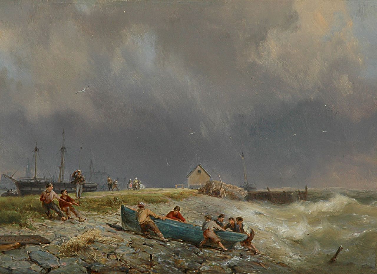 Koekkoek H.  | Hermanus Koekkoek, Het binnenhalen van de vissersboot, olieverf op paneel 19,1 x 26,2 cm, gesigneerd linksonder