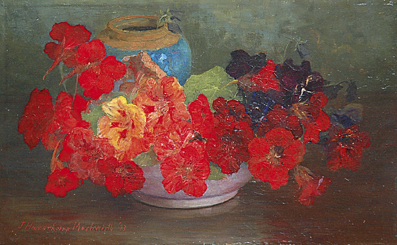 Haverkamp-Machwirth J.G. | 'Johanna' Georgine Haverkamp-Machwirth, Stilleven met Oost-Indische kers, olieverf op doek 24,9 x 40,2 cm, gesigneerd linksonder en gedateerd '13 Haverkamp-Machwirth J.G. | 'Johanna' Georgine Haverkamp-Machwirth, Stilleven met Oost-Indische kers, olieverf op doek 24,9 x 40,2 cm, gesigneerd linksonder en gedateerd '13