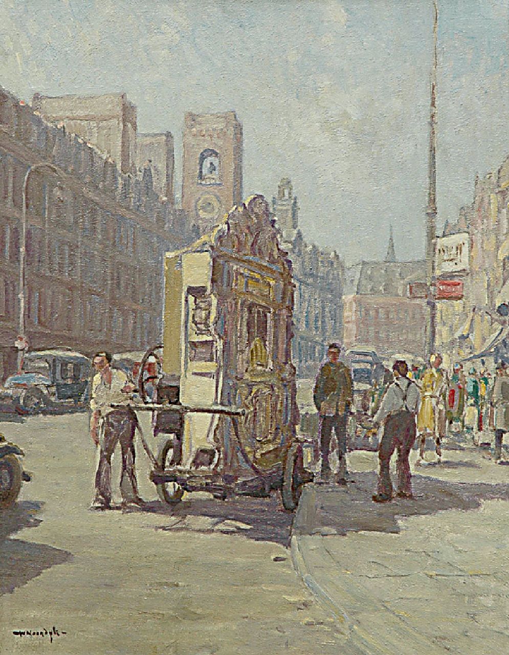 Noordijk W.F. | 'Willem' Frederik Noordijk, Orgelman op het Amsterdamse Damrak, olieverf op doek 50,3 x 40,0 cm, gesigneerd linksonder Noordijk W.F. | 'Willem' Frederik Noordijk, Orgelman op het Amsterdamse Damrak, olieverf op doek 50,3 x 40,0 cm, gesigneerd linksonder