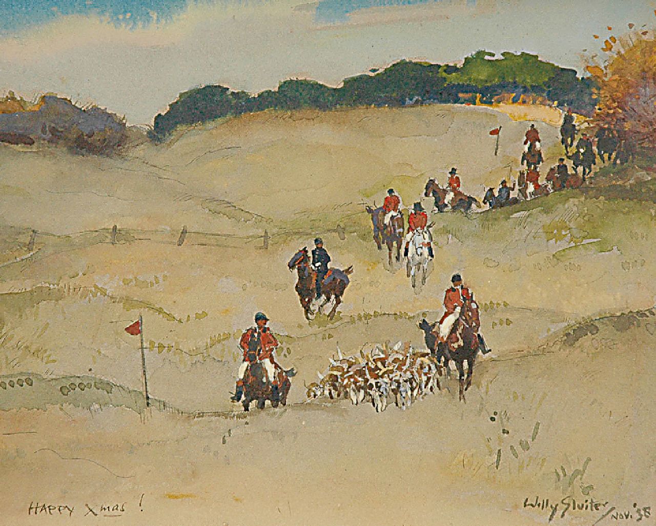 Sluiter J.W.  | Jan Willem 'Willy' Sluiter, De vossenjacht, aquarel op papier 22,8 x 25,3 cm, gesigneerd rechtsonder en gedateerd nov. '38