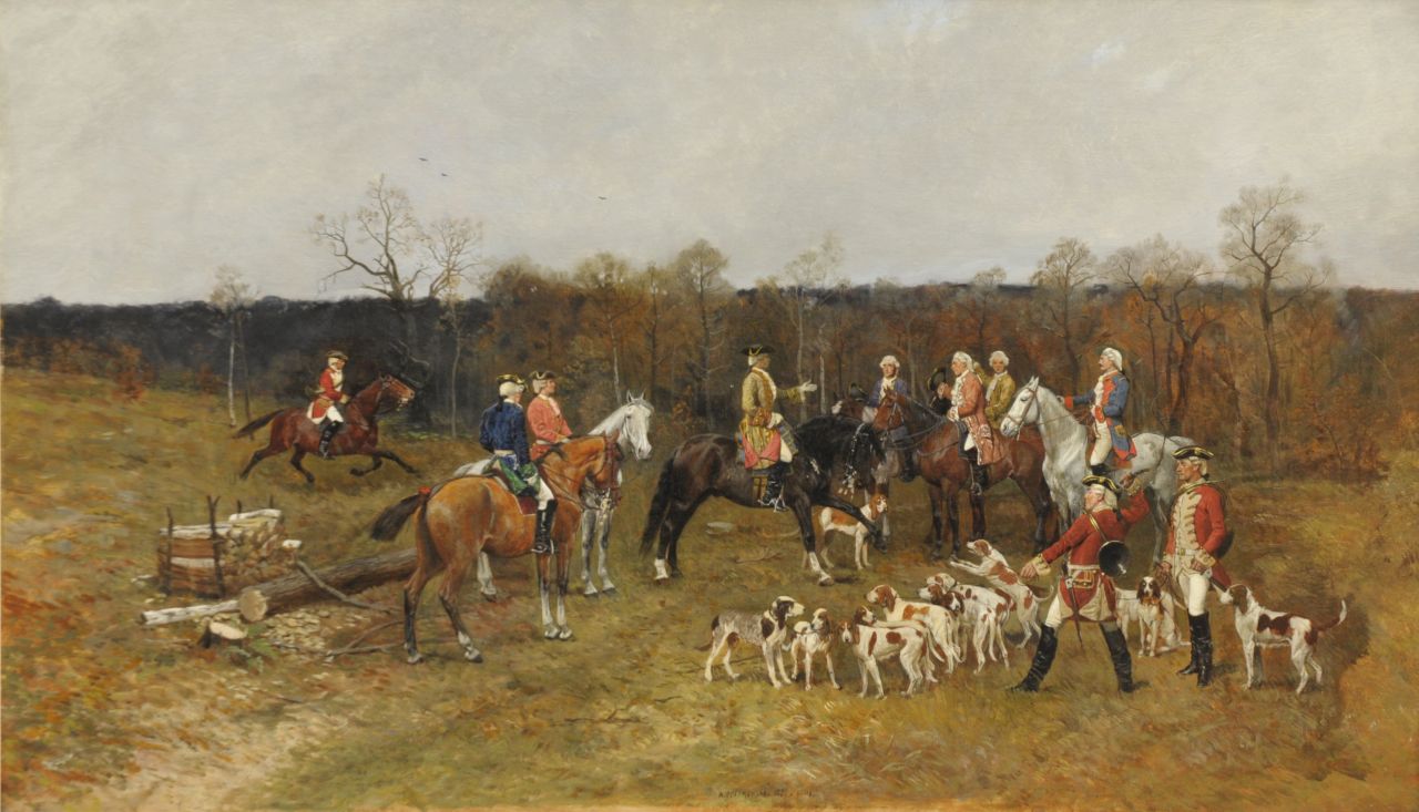 Piotrowski A. | Antoni Piotrowski, Het begin van de jacht, olieverf op doek 55,0 x 92,3 cm, gesigneerd middenonder 'A. Piotrowski' en gedateerd '1880 Paris' Piotrowski A. | Antoni Piotrowski, Het begin van de jacht, olieverf op doek 55,0 x 92,3 cm, gesigneerd middenonder 'A. Piotrowski' en gedateerd '1880 Paris'