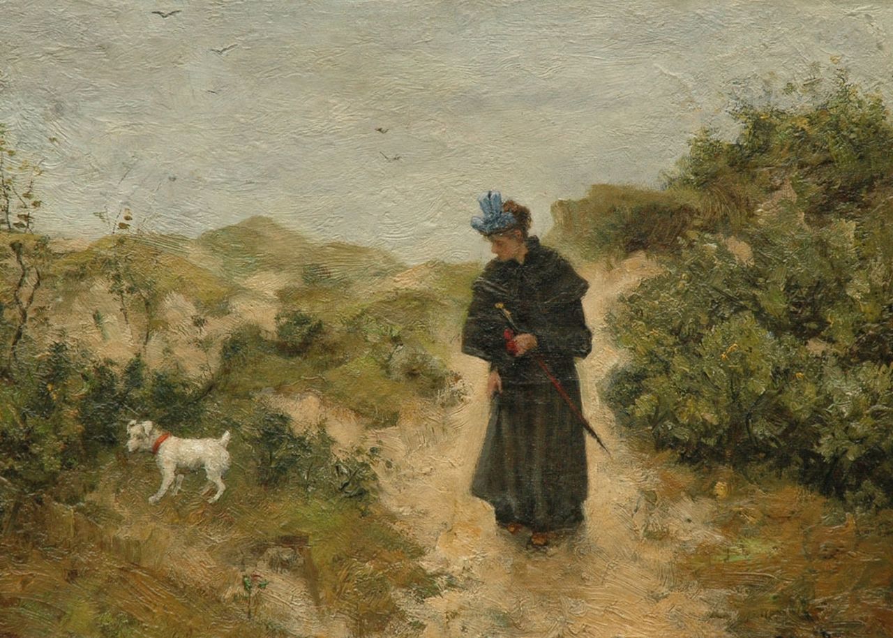 Ives Browne R. | Robert Ives Browne, Wandelen met de hond, olieverf op doek op board 31,7 x 44,0 cm, gesigneerd rechtsonder Ives Browne R. | Robert Ives Browne, Wandelen met de hond, olieverf op doek op board 31,7 x 44,0 cm, gesigneerd rechtsonder