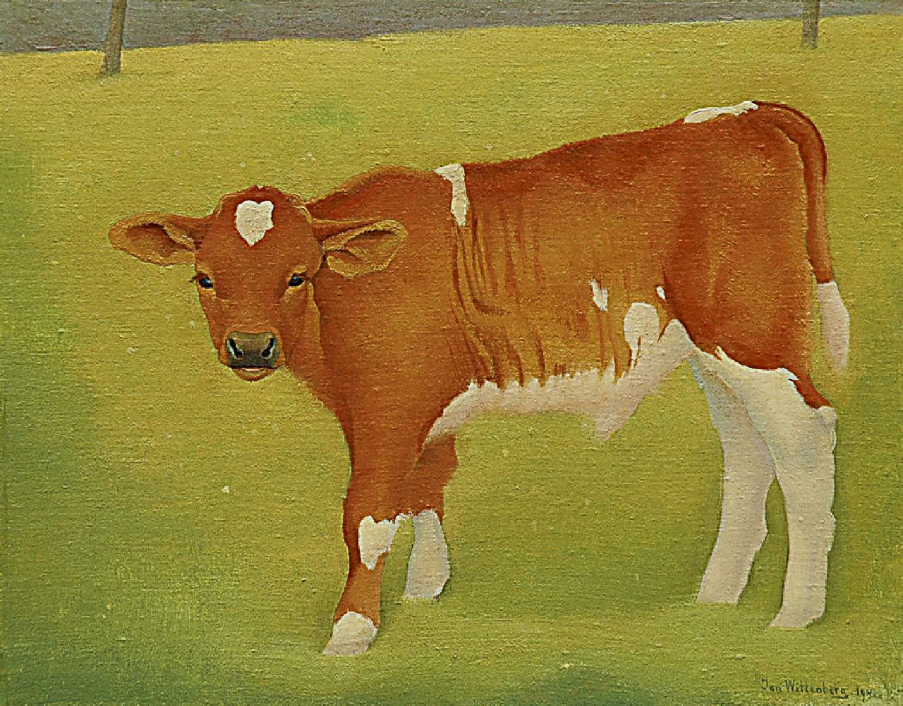 Wittenberg J.H.W.  | 'Jan' Hendrik Willem Wittenberg, Kalf in de wei, olieverf op doek op paneel 23,6 x 30,2 cm, gesigneerd rechtsonder en gedateerd 1941
