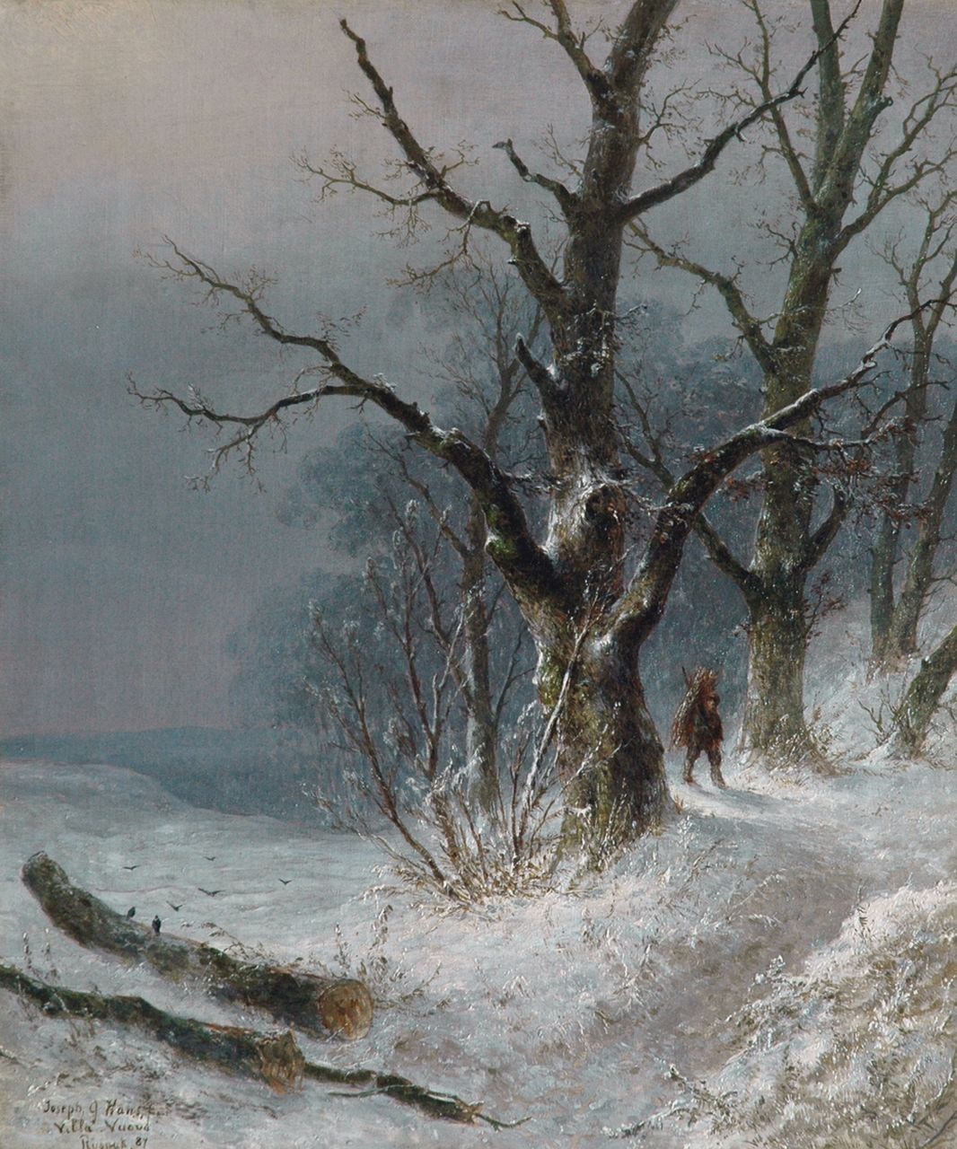 Hans J.G. | Josephus Gerardus Hans, Houtsprokkelaar in de sneeuw, olieverf op doek 55,3 x 46,2 cm, gesigneerd linksonder en gedateerd '87 Hans J.G. | Josephus Gerardus Hans, Houtsprokkelaar in de sneeuw, olieverf op doek 55,3 x 46,2 cm, gesigneerd linksonder en gedateerd '87