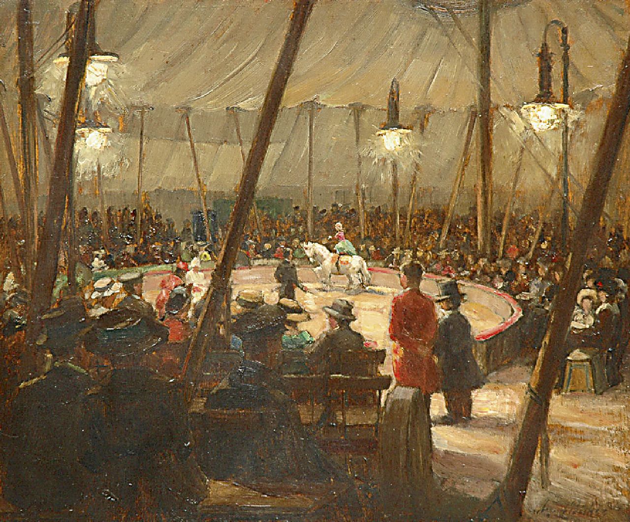 Böcher A. | August Böcher, De circusvoorstelling, olieverf op paneel 42,6 x 50,0 cm, gesigneerd rechtsonder Böcher A. | August Böcher, De circusvoorstelling, olieverf op paneel 42,6 x 50,0 cm, gesigneerd rechtsonder
