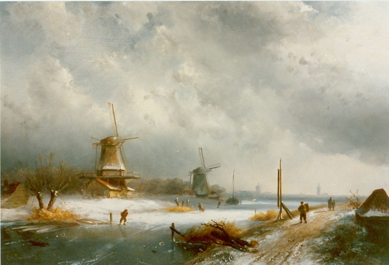 Leickert C.H.J. | 'Charles' Henri Joseph Leickert, Hollands winterlandschap met schaatsers, olieverf op paneel 29,6 x 47,8 cm, gesigneerd rechtsonder Leickert C.H.J. | 'Charles' Henri Joseph Leickert, Hollands winterlandschap met schaatsers, olieverf op paneel 29,6 x 47,8 cm, gesigneerd rechtsonder