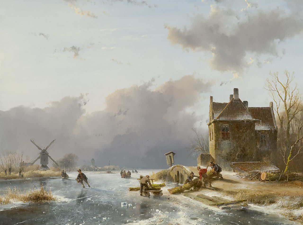 Schelfhout A.  | Andreas Schelfhout, Winterlandschap met schaatsers, olieverf op paneel 41,0 x 54,0 cm, gesigneerd rechtsonder en gedateerd 1841