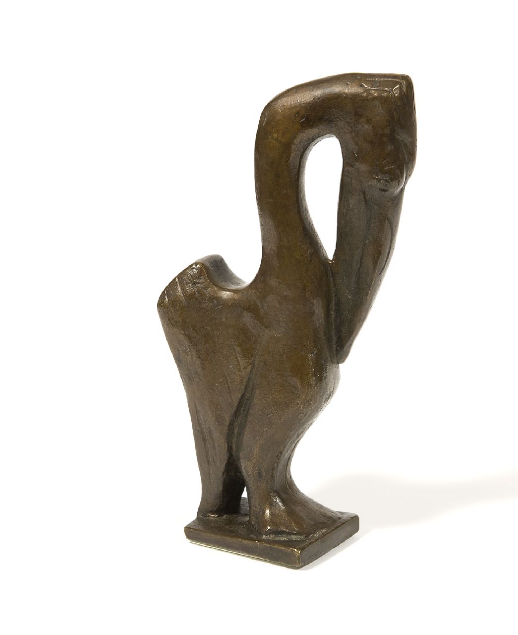 Baisch R.C. | Rudolf Christian Baisch, Kleine pelikaan I, bruin gepatineerd brons 16,6 x 8,5 cm, gesigneerd op basis met initialen Baisch R.C. | Rudolf Christian Baisch, Kleine pelikaan I, bruin gepatineerd brons 16,6 x 8,5 cm, gesigneerd op basis met initialen