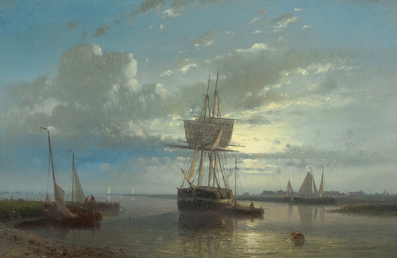 Hulk A. | Abraham Hulk, Schepen voor anker bij zonsondergang, olieverf op paneel 16,6 x 25,3 cm, gesigneerd linksonder Hulk A. | Abraham Hulk, Schepen voor anker bij zonsondergang, olieverf op paneel 16,6 x 25,3 cm, gesigneerd linksonder