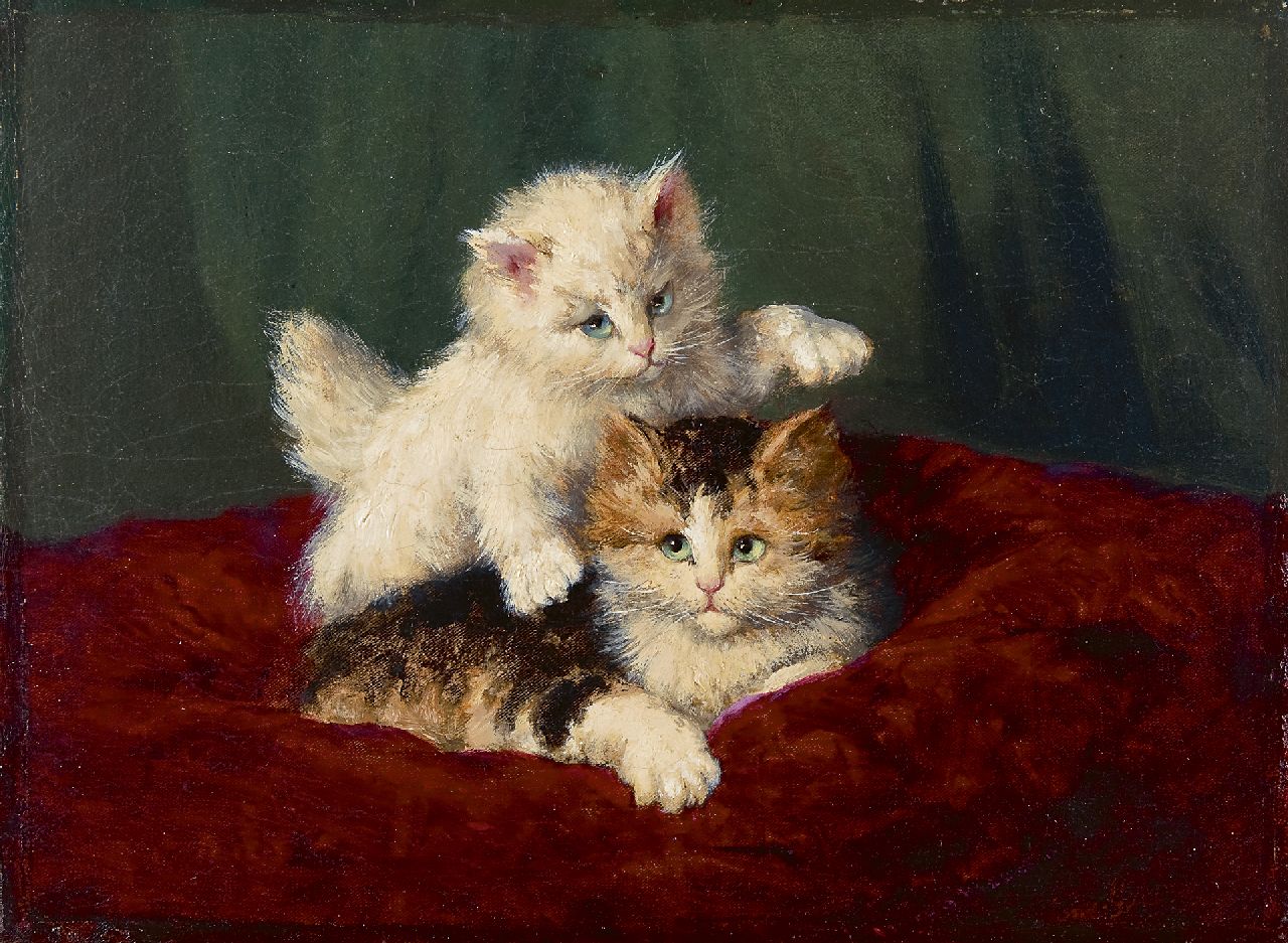 Gindra H.J. | Hubert Joseph 'Jozef' Gindra, Twee spelende katjes, olieverf op doek 31,2 x 42,3 cm, gesigneerd rechtsonder Gindra H.J. | Hubert Joseph 'Jozef' Gindra, Twee spelende katjes, olieverf op doek 31,2 x 42,3 cm, gesigneerd rechtsonder